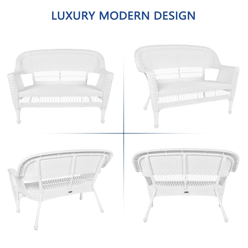 Jeco Wicker Patio Love Seat and Coffee Table Set in White with Tan Cushion