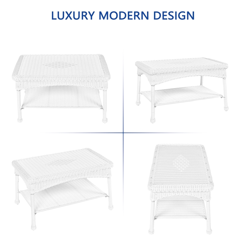 Jeco Wicker Patio Love Seat and Coffee Table Set in White with Tan Cushion
