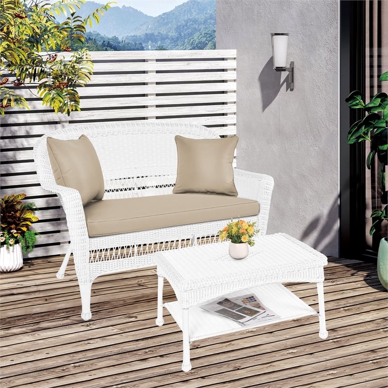 Jeco Wicker Patio Love Seat and Coffee Table Set in White with Tan Cushion