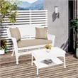 Jeco Wicker Patio Love Seat and Coffee Table Set in White with Tan Cushion