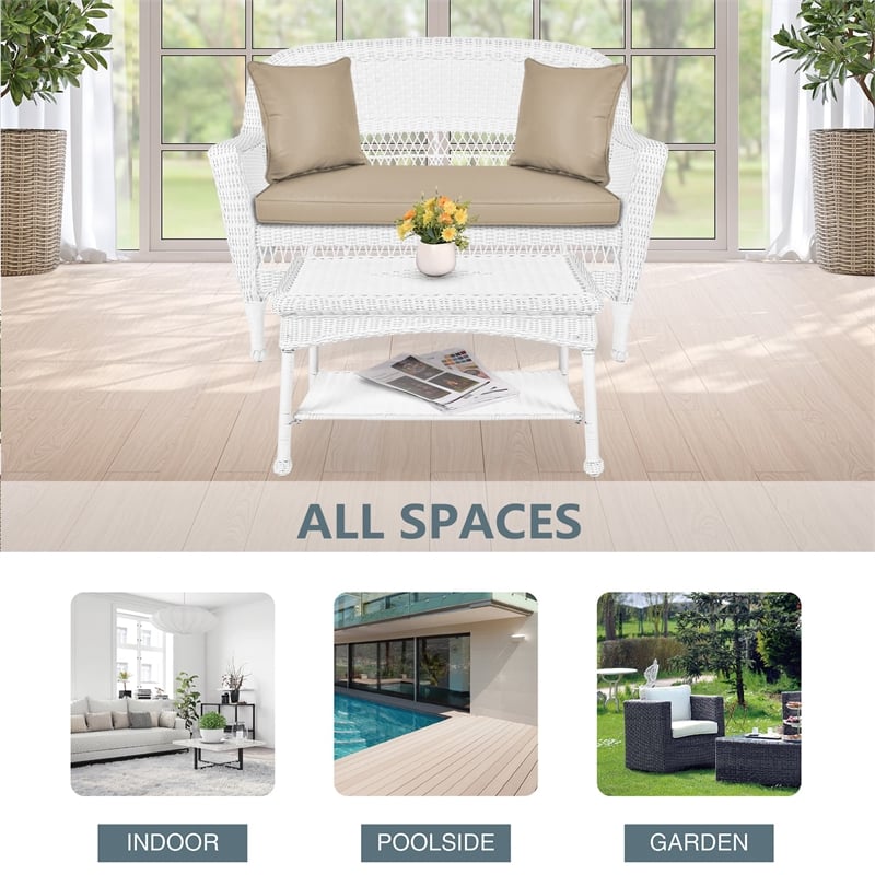 Jeco Wicker Patio Love Seat and Coffee Table Set in White with Tan Cushion