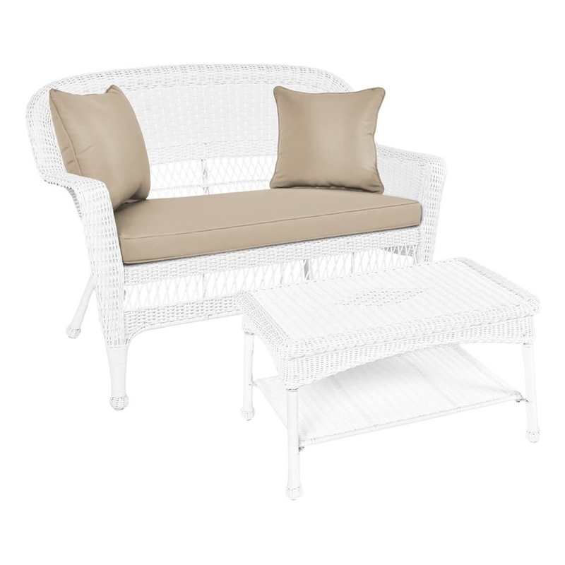 Jeco Wicker Patio Love Seat and Coffee Table Set in White with Tan Cushion