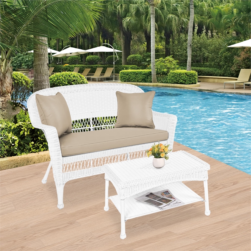 Jeco Wicker Patio Love Seat and Coffee Table Set in White with Tan Cushion