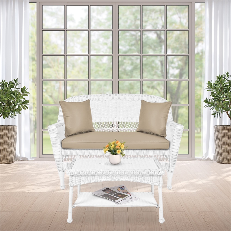 Jeco Wicker Patio Love Seat and Coffee Table Set in White with Tan Cushion