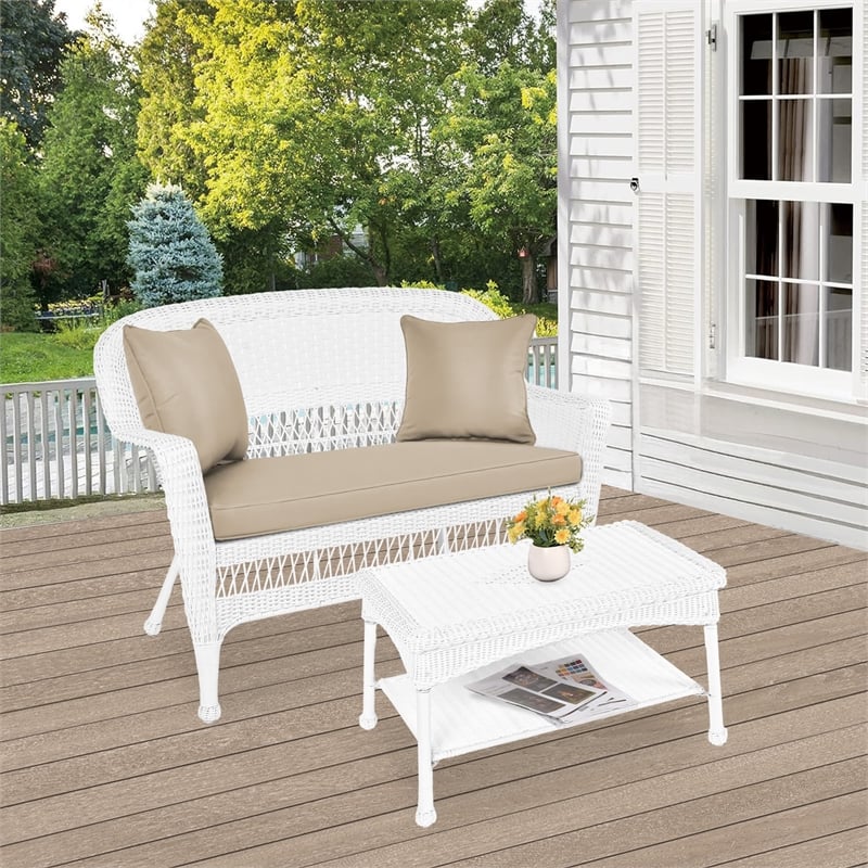 Jeco Wicker Patio Love Seat and Coffee Table Set in White with Tan Cushion