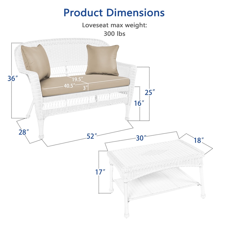 Jeco Wicker Patio Love Seat and Coffee Table Set in White with Tan Cushion