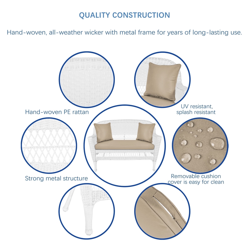 Jeco Wicker Patio Love Seat and Coffee Table Set in White with Tan Cushion