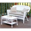Jeco Wicker Patio Love Seat and Coffee Table Set in White with Tan Cushion