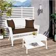 Jeco Wicker Patio Love Seat and Coffee Table Set in White with Brown Cushion
