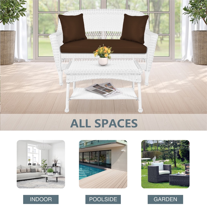 Jeco Wicker Patio Love Seat and Coffee Table Set in White with Brown Cushion