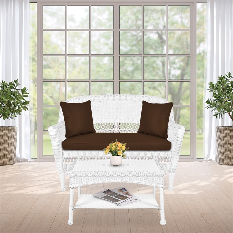 Jeco Wicker Patio Love Seat and Coffee Table Set in White with Brown Cushion