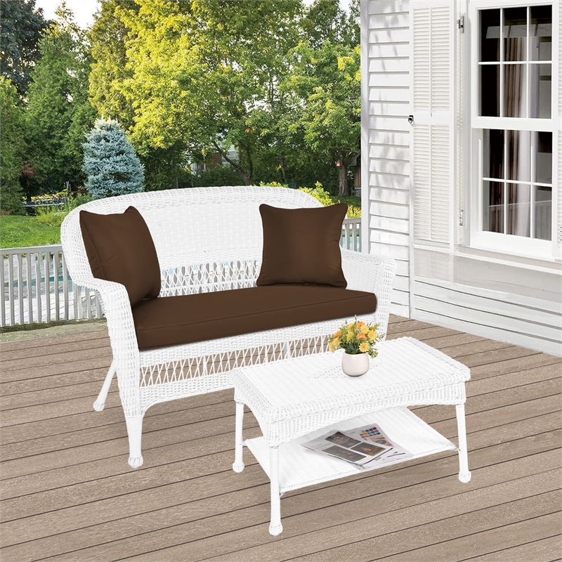 Jeco Wicker Patio Love Seat and Coffee Table Set in White with Brown Cushion