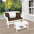 Jeco Wicker Patio Love Seat and Coffee Table Set in White with Brown Cushion