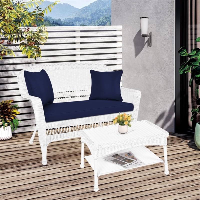 Jeco Wicker Patio Love Seat and Coffee Table Set in White with Blue Cushion