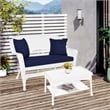 Jeco Wicker Patio Love Seat and Coffee Table Set in White with Blue Cushion