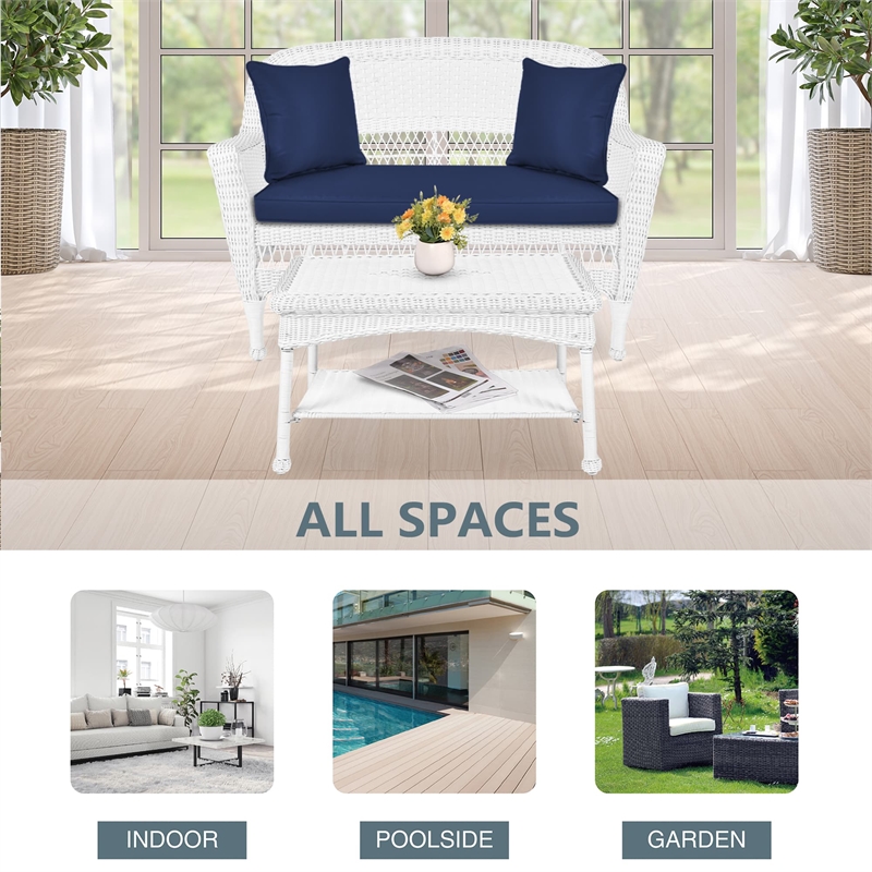 Jeco Wicker Patio Love Seat and Coffee Table Set in White with Blue Cushion