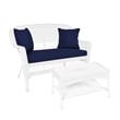 Jeco Wicker Patio Love Seat and Coffee Table Set in White with Blue Cushion