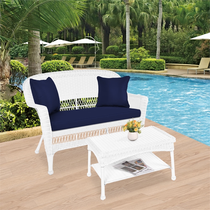 Jeco Wicker Patio Love Seat and Coffee Table Set in White with Blue Cushion