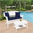 Jeco Wicker Patio Love Seat and Coffee Table Set in White with Blue Cushion