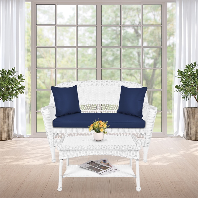 Jeco Wicker Patio Love Seat and Coffee Table Set in White with Blue Cushion