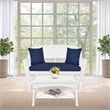 Jeco Wicker Patio Love Seat and Coffee Table Set in White with Blue Cushion