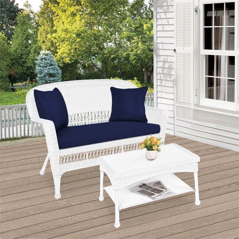 Jeco Wicker Patio Love Seat and Coffee Table Set in White with Blue Cushion