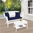 Jeco Wicker Patio Love Seat and Coffee Table Set in White with Blue Cushion