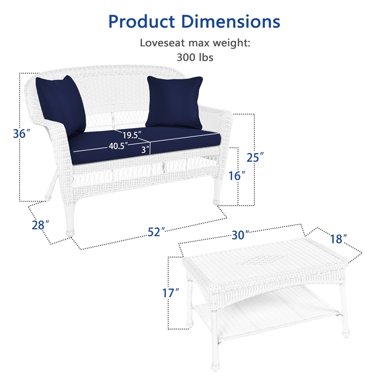 Jeco Wicker Patio Love Seat and Coffee Table Set in White with Blue Cushion