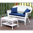 Jeco Wicker Patio Love Seat and Coffee Table Set in White with Blue Cushion