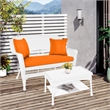 Jeco Wicker Patio Love Seat and Coffee Table Set in White with Orange Cushion