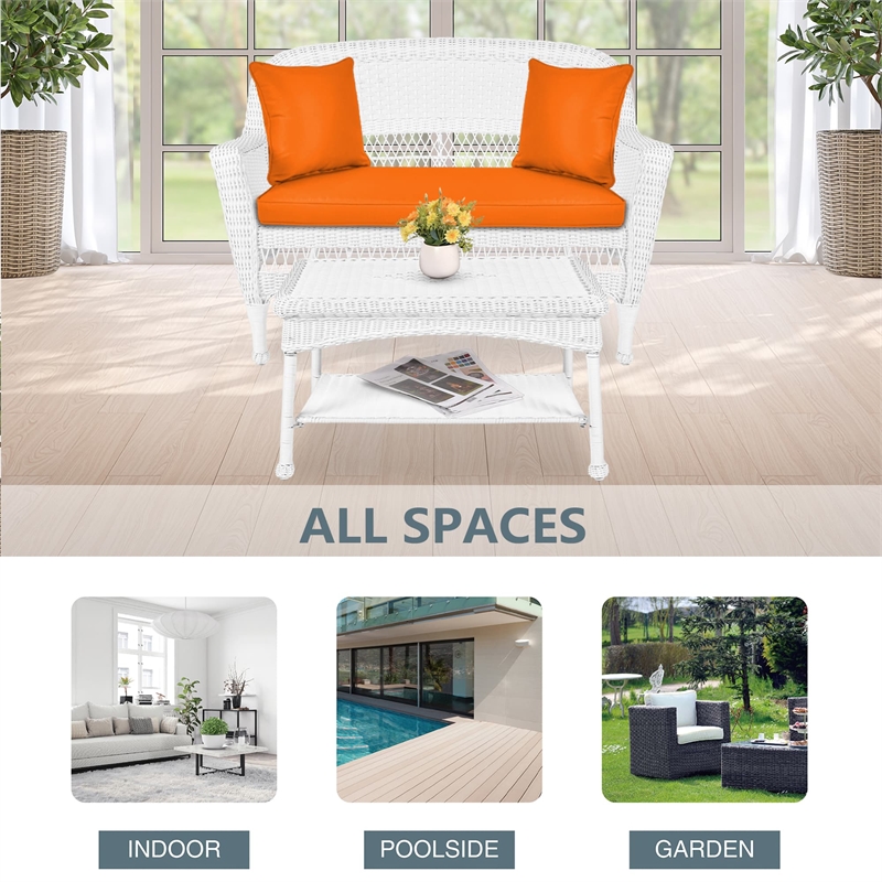 Jeco Wicker Patio Love Seat and Coffee Table Set in White with Orange Cushion
