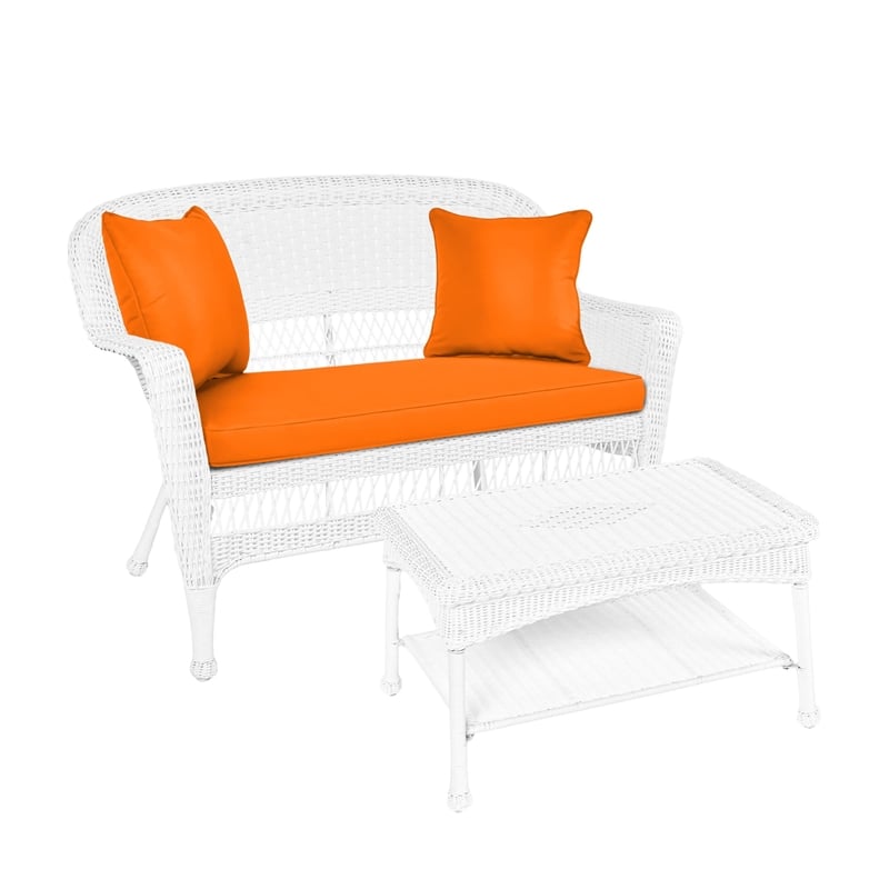 Jeco Wicker Patio Love Seat and Coffee Table Set in White with Orange Cushion
