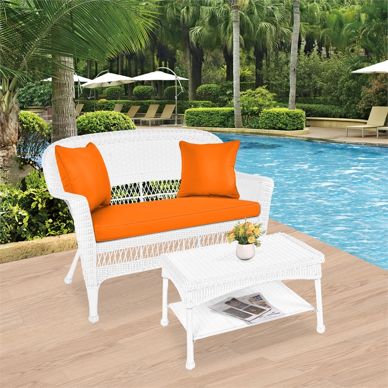 Jeco Wicker Patio Love Seat and Coffee Table Set in White with Orange Cushion
