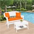 Jeco Wicker Patio Love Seat and Coffee Table Set in White with Orange Cushion
