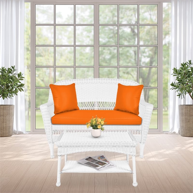 Jeco Wicker Patio Love Seat and Coffee Table Set in White with Orange Cushion