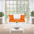 Jeco Wicker Patio Love Seat and Coffee Table Set in White with Orange Cushion