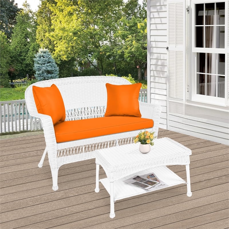 Jeco Wicker Patio Love Seat and Coffee Table Set in White with Orange Cushion