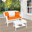 Jeco Wicker Patio Love Seat and Coffee Table Set in White with Orange Cushion