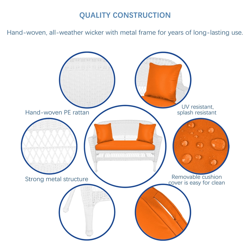 Jeco Wicker Patio Love Seat and Coffee Table Set in White with Orange Cushion
