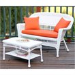 Jeco Wicker Patio Love Seat and Coffee Table Set in White with Orange Cushion
