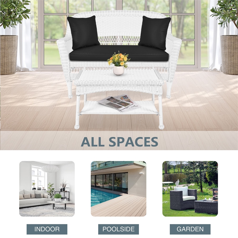 Jeco Wicker Patio Love Seat and Coffee Table Set in White with Black Cushion