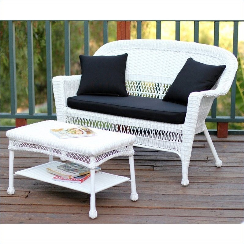 Jeco Wicker Patio Love Seat and Coffee Table Set in White with Black Cushion