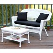 Jeco Wicker Patio Love Seat and Coffee Table Set in White with Black Cushion