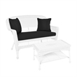 Jeco Wicker Patio Love Seat and Coffee Table Set in White with Black Cushion