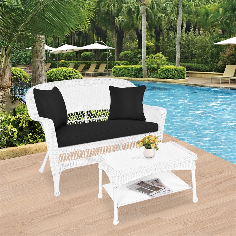 Jeco Wicker Patio Love Seat and Coffee Table Set in White with Black Cushion