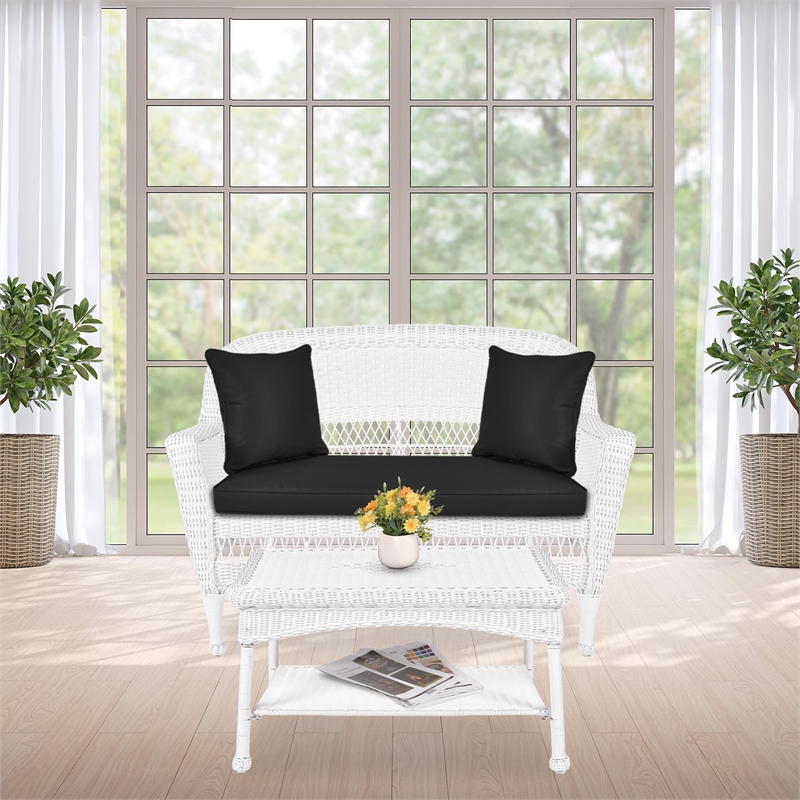Jeco Wicker Patio Love Seat and Coffee Table Set in White with Black Cushion