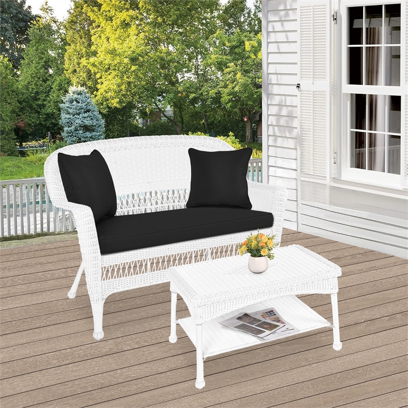 Jeco Wicker Patio Love Seat and Coffee Table Set in White with Black Cushion