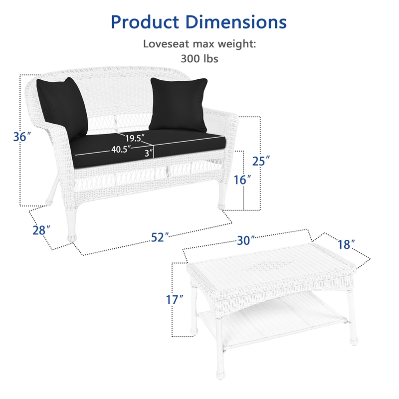 Jeco Wicker Patio Love Seat and Coffee Table Set in White with Black Cushion