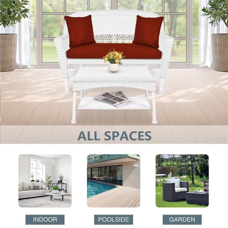 Jeco Wicker Patio Love Seat and Coffee Table Set in White