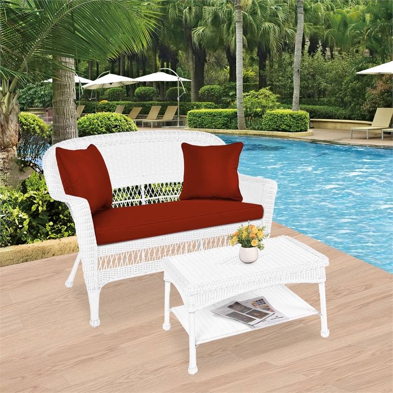 Jeco Wicker Patio Love Seat and Coffee Table Set in White